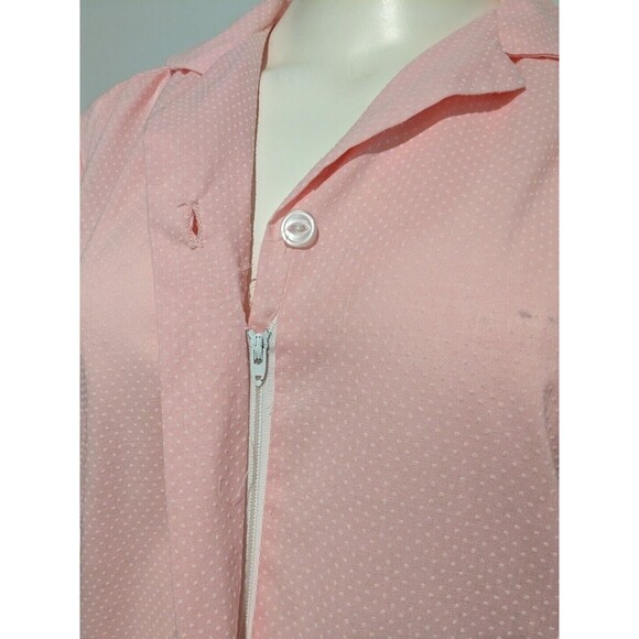 Vintage Polka Dot Flocked Cotton Blend Dress Belt Shift House Dress Pink M B44 - Picture 7 of 9